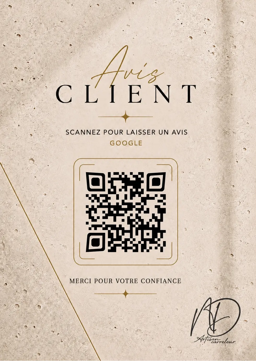 Carte Avis client ND Artisan Carreleur avec QR code vers les avis Google